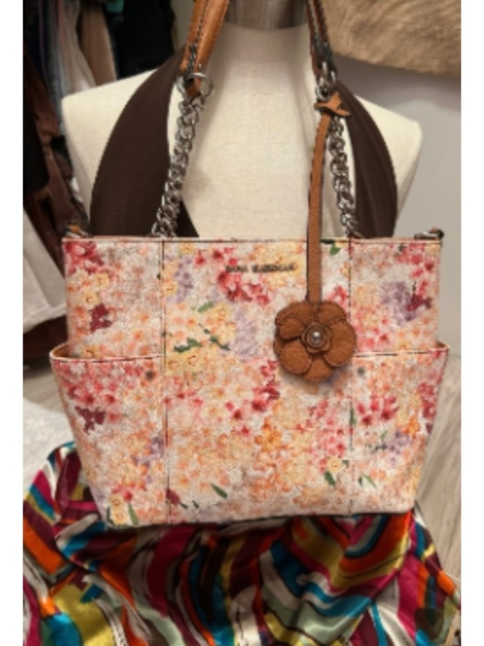 Dana Buchman Pink Multi Floral Tote with Leather Flower Charm